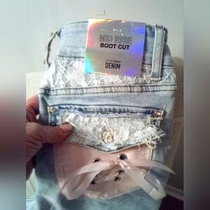 Cutest Jeans Ever!! Denim W/White Lace & Pink Pockets
